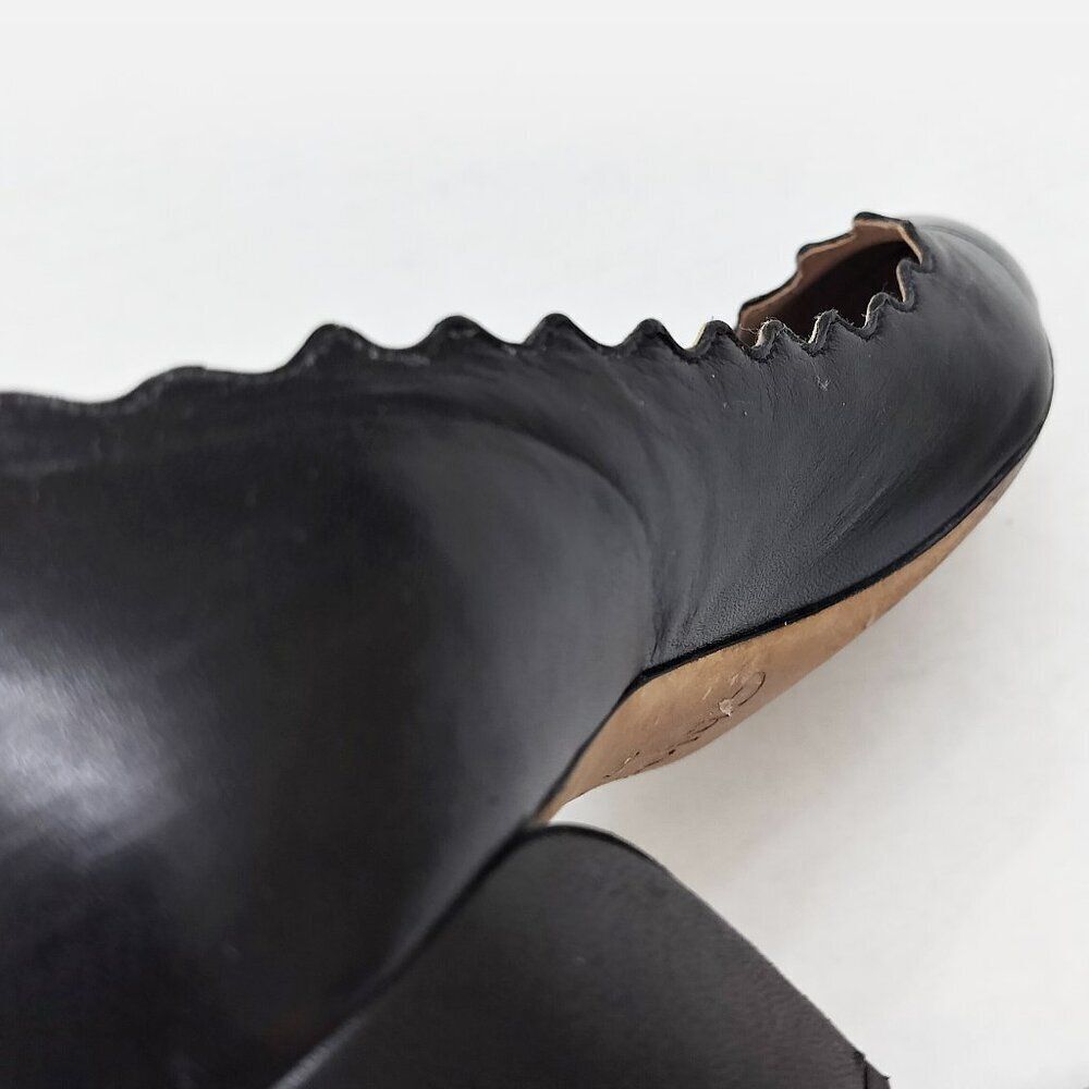 CHLOE Lauren Scalloped Leather Pumps Curved Block Heels Slip On 37.5 / 7.5 Black - Picture 13 of 16